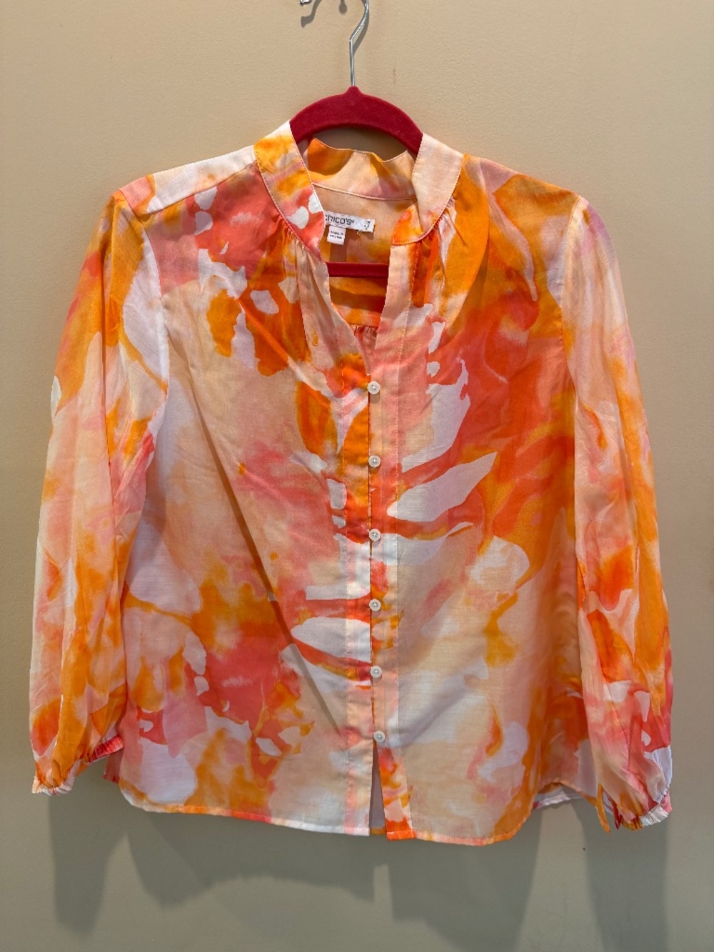 CHICO'S LONG SLEEVE SHEER PRINTED BUTTON DOWN BLOUSE